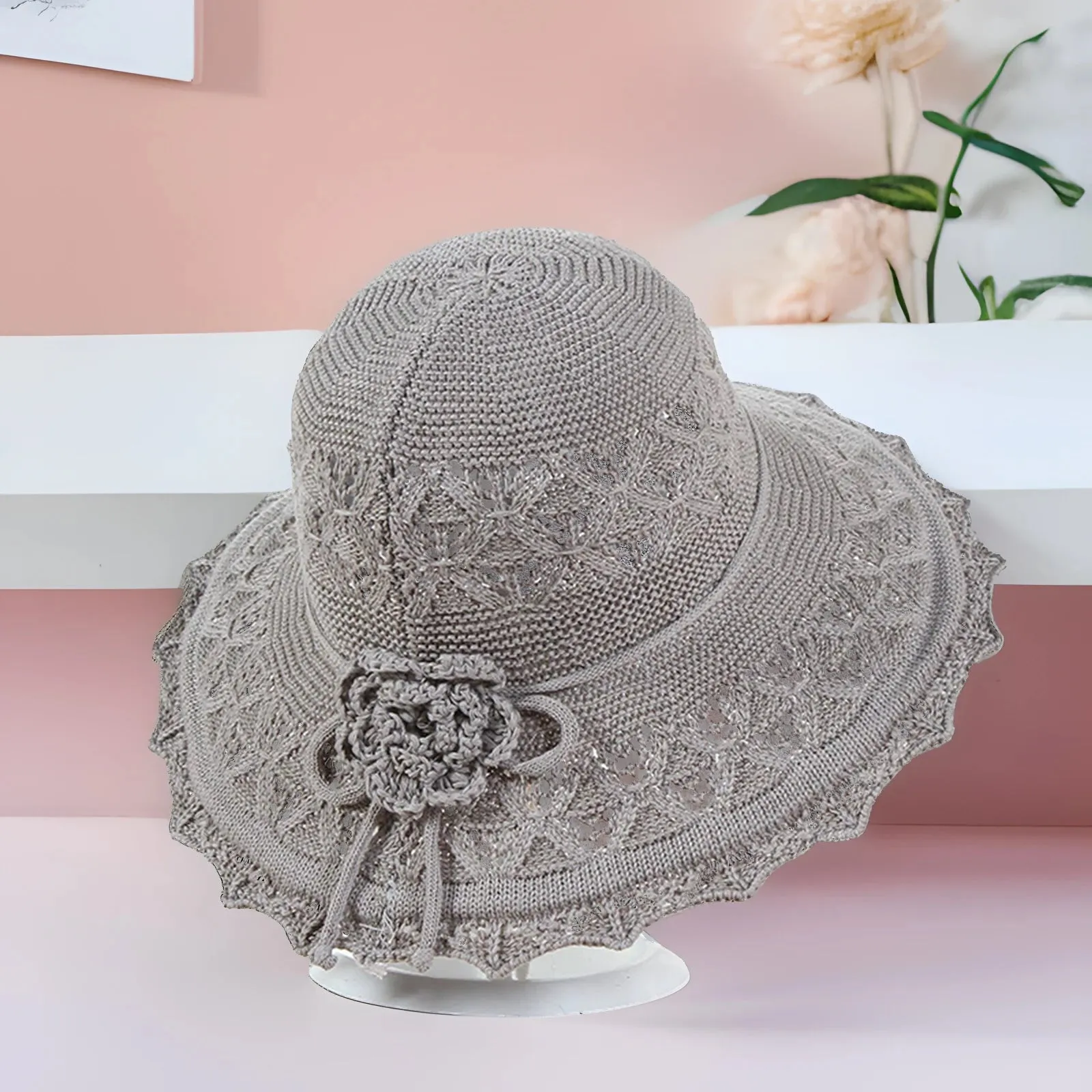 Summer Crochet Straw Hat for Women Beach Hat Flower Wide Brim Beach Sun Hat Female Panama Straw Hat Lightweight Floppy Hat