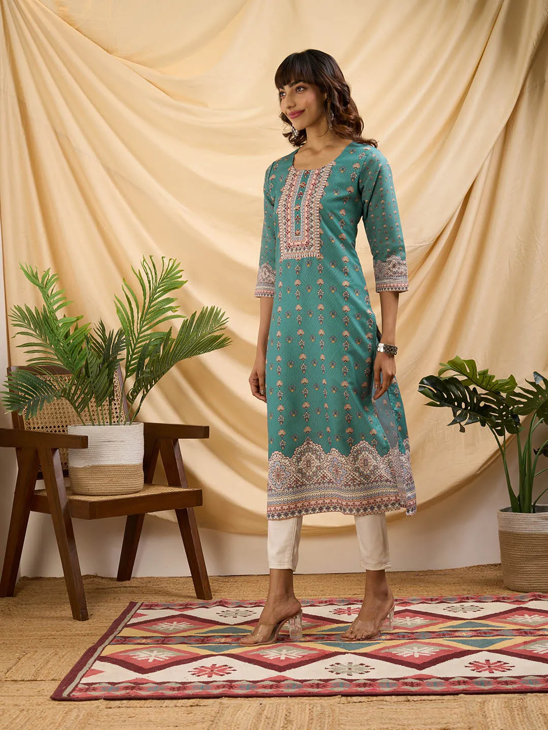 Teal Kurta - Women Cotton Comfort Fit Kurta - Zola