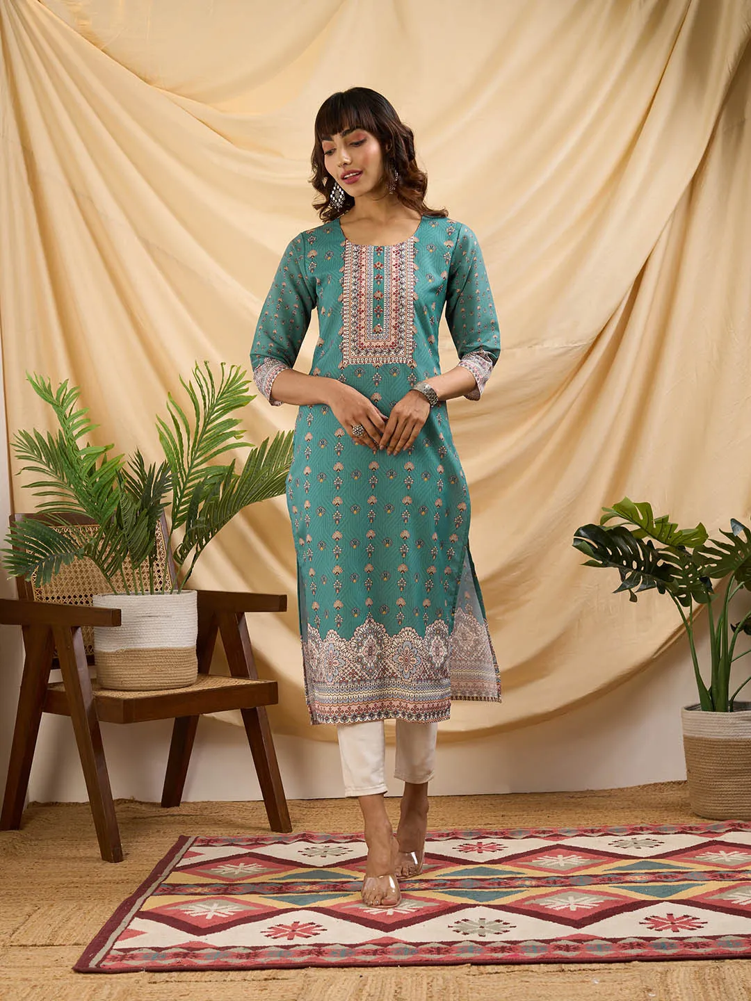 Teal Kurta - Women Cotton Comfort Fit Kurta - Zola