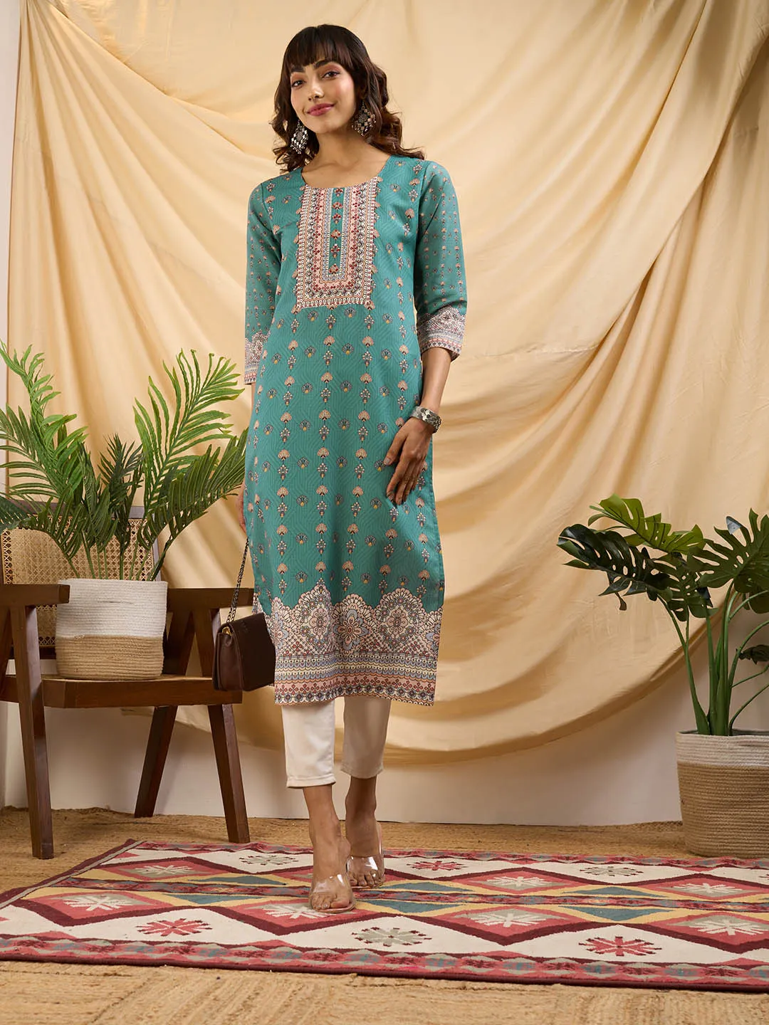 Teal Kurta - Women Cotton Comfort Fit Kurta - Zola