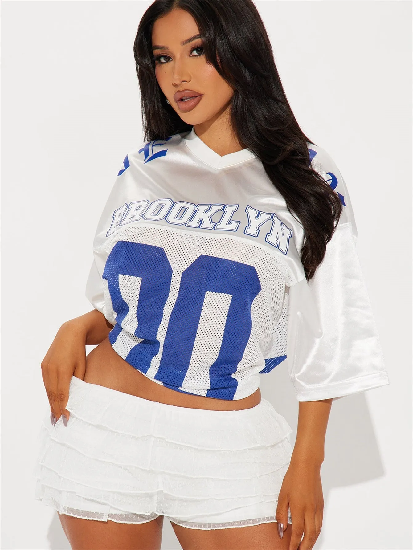 Trendy American Retro Sports V-Neck Letter Printed Short-Sleeve Top