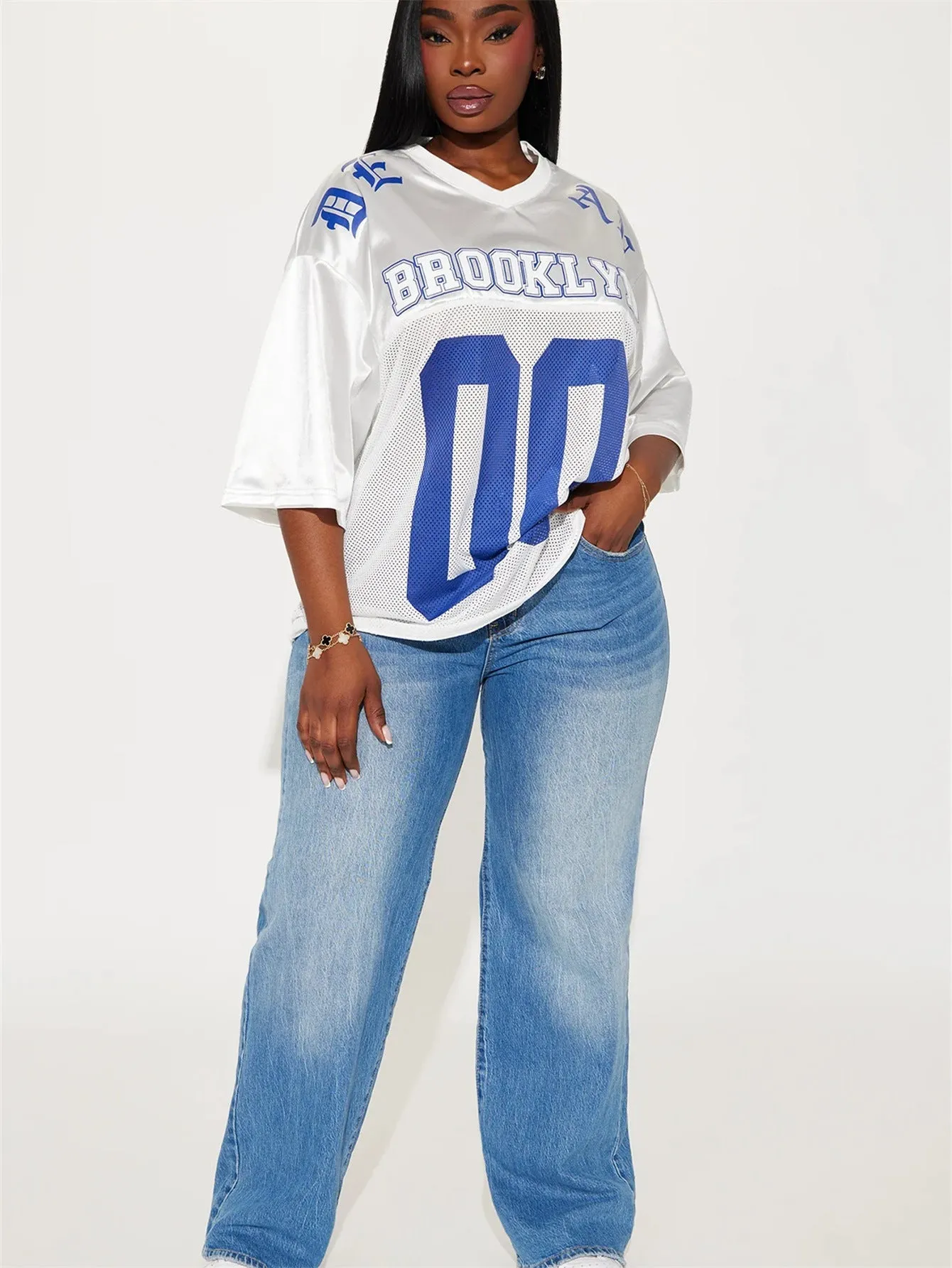 Trendy American Retro Sports V-Neck Letter Printed Short-Sleeve Top