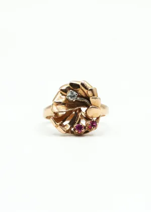 Vintage 14k 1940's Fan Spray Ring with Diamond and Rubies
