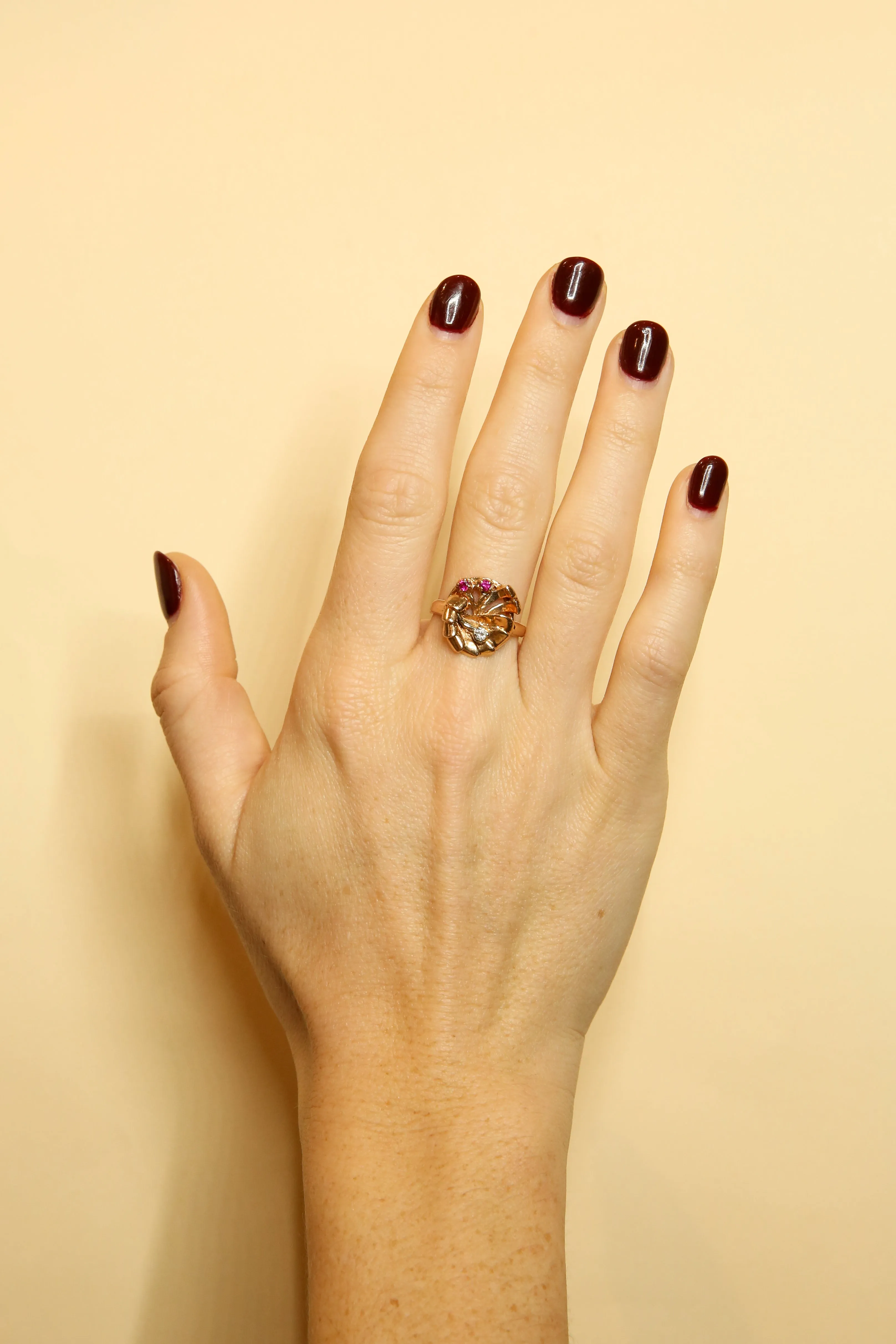 Vintage 14k 1940's Fan Spray Ring with Diamond and Rubies