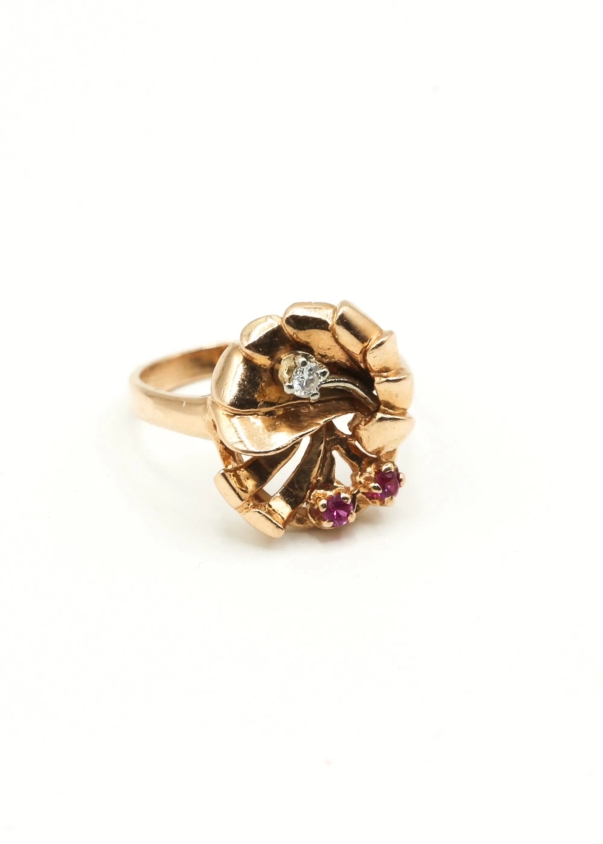 Vintage 14k 1940's Fan Spray Ring with Diamond and Rubies