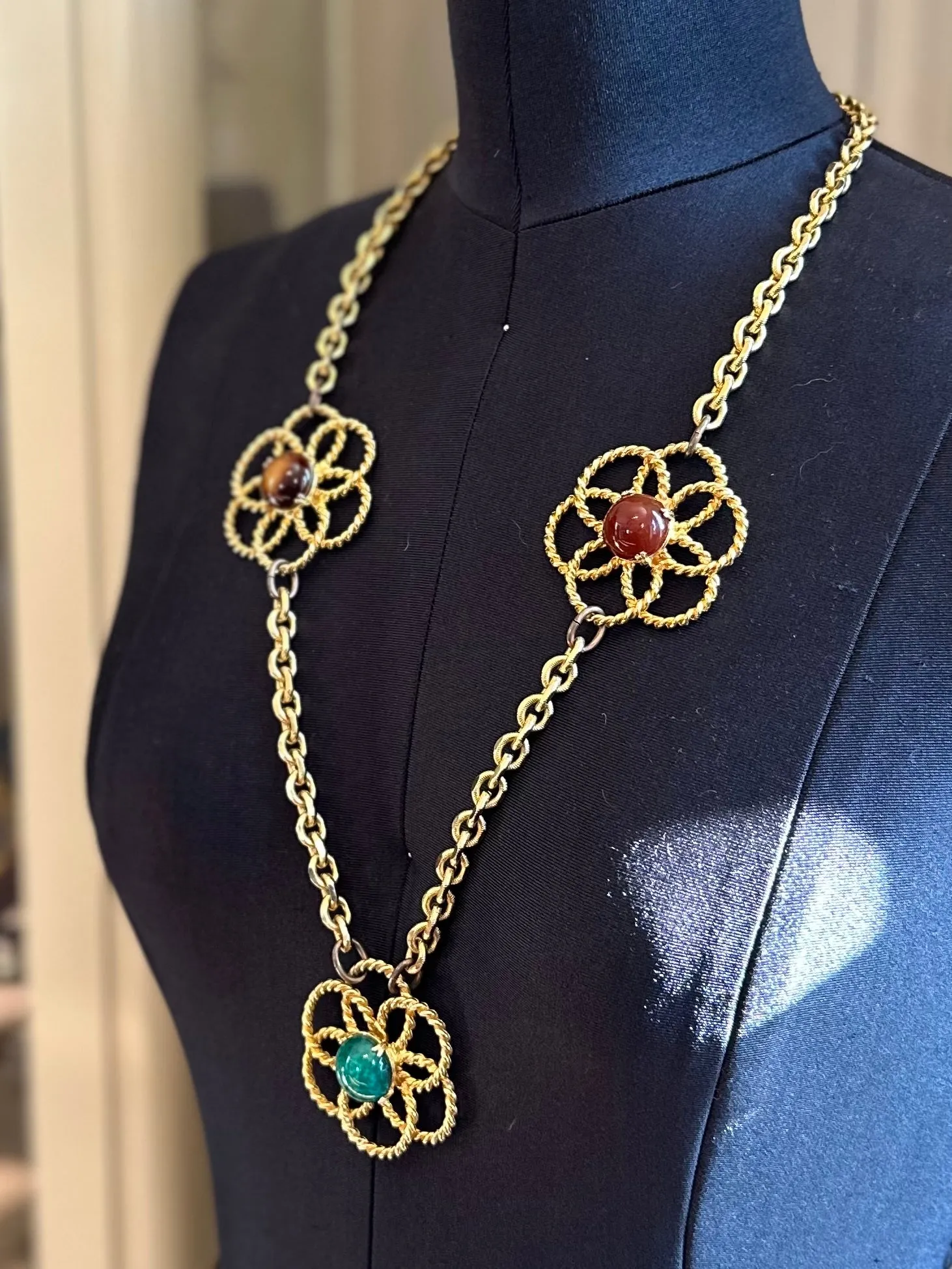 Vintage 1970s YSL Yves Saint Laurent Couture Large Peking Glass & Brown Flower Statement Necklace or Belt Toggle Closure 30” Signed
