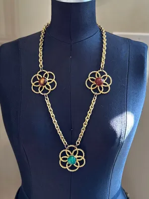 Vintage 1970s YSL Yves Saint Laurent Couture Large Peking Glass & Brown Flower Statement Necklace or Belt Toggle Closure 30” Signed