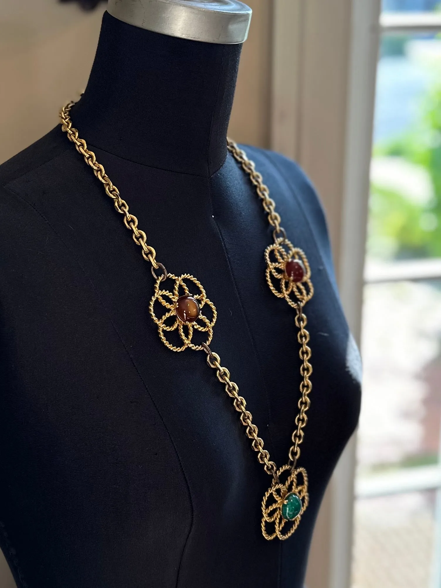 Vintage 1970s YSL Yves Saint Laurent Couture Large Peking Glass & Brown Flower Statement Necklace or Belt Toggle Closure 30” Signed
