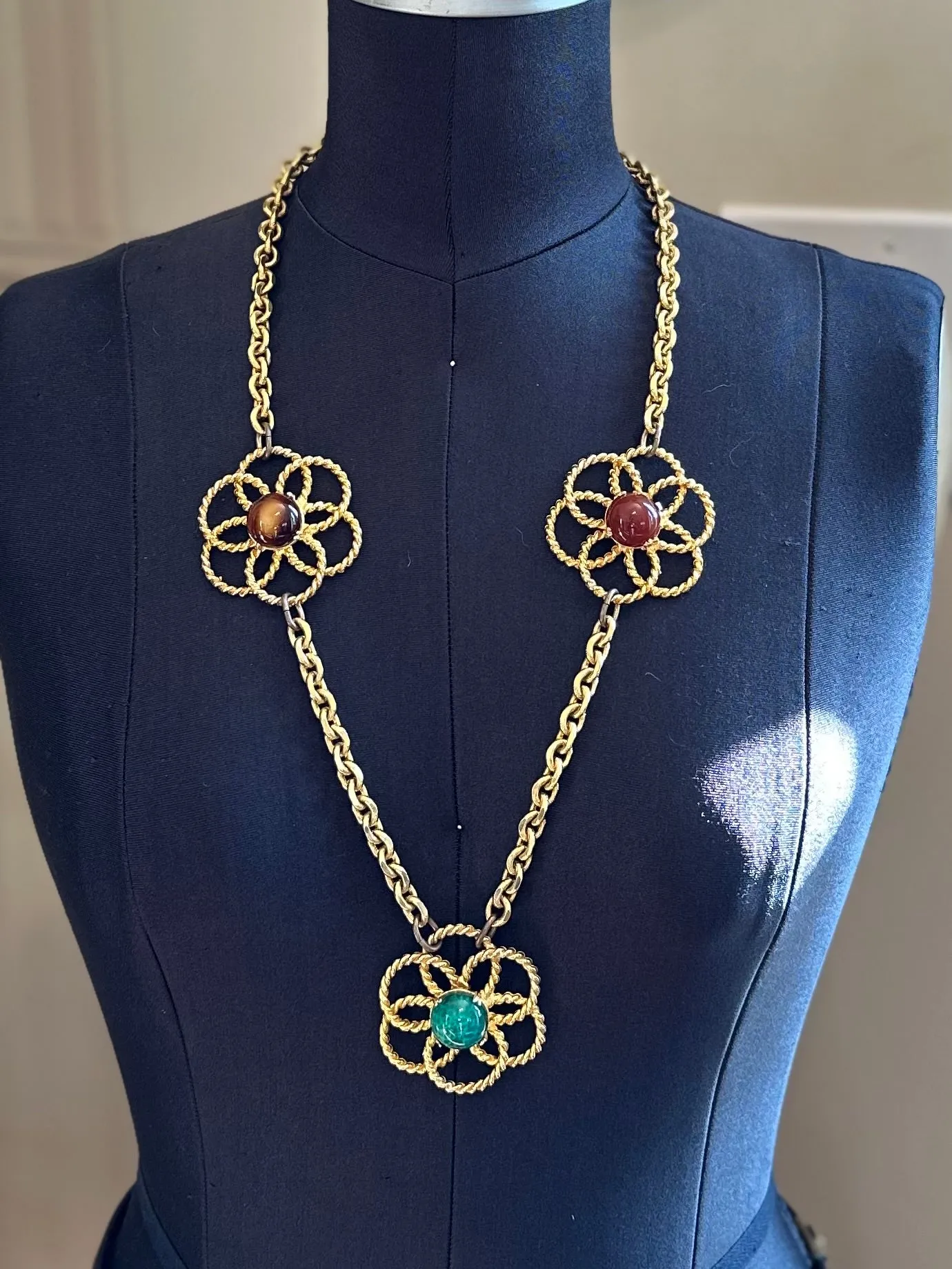 Vintage 1970s YSL Yves Saint Laurent Couture Large Peking Glass & Brown Flower Statement Necklace or Belt Toggle Closure 30” Signed