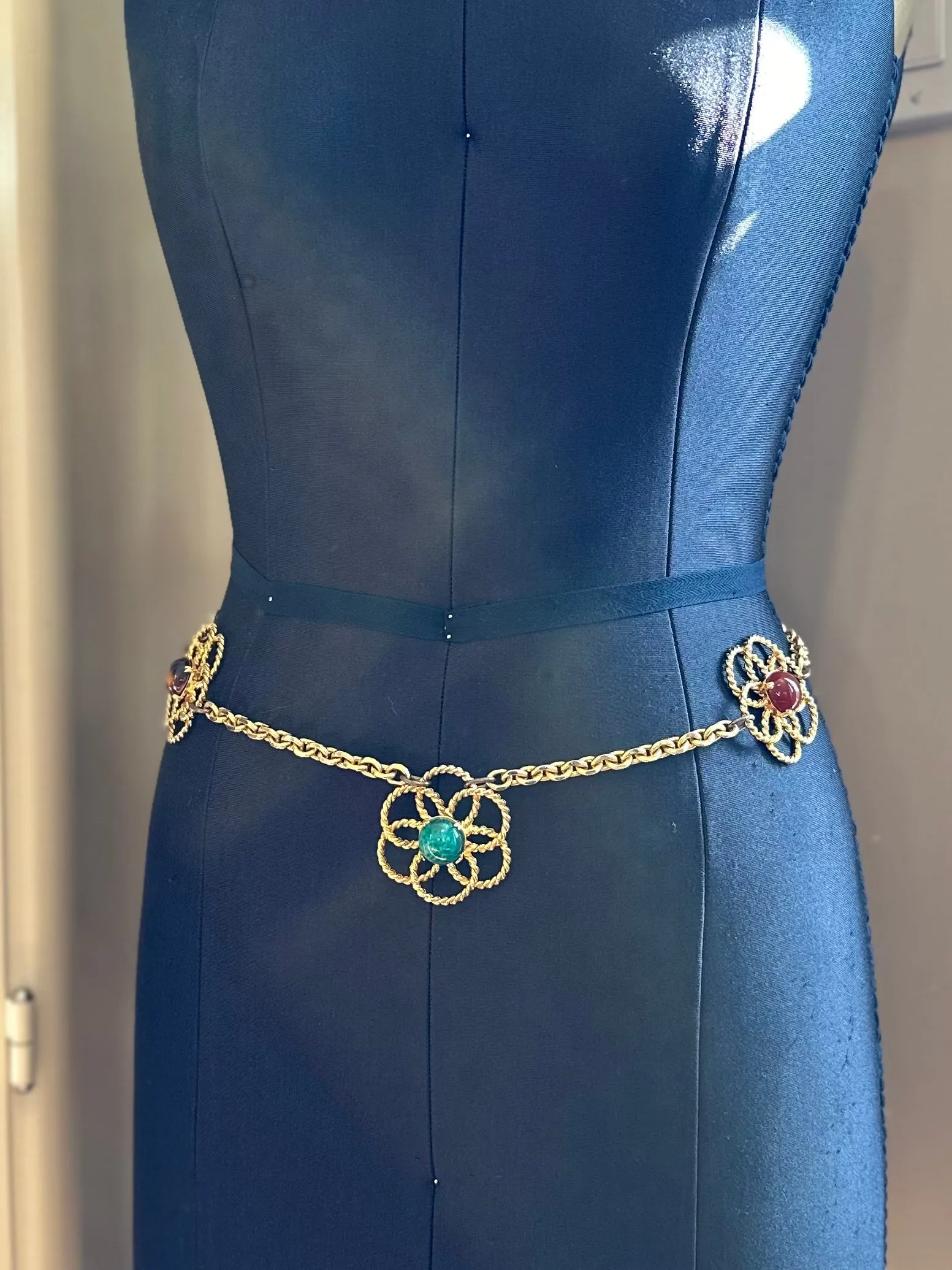 Vintage 1970s YSL Yves Saint Laurent Couture Large Peking Glass & Brown Flower Statement Necklace or Belt Toggle Closure 30” Signed
