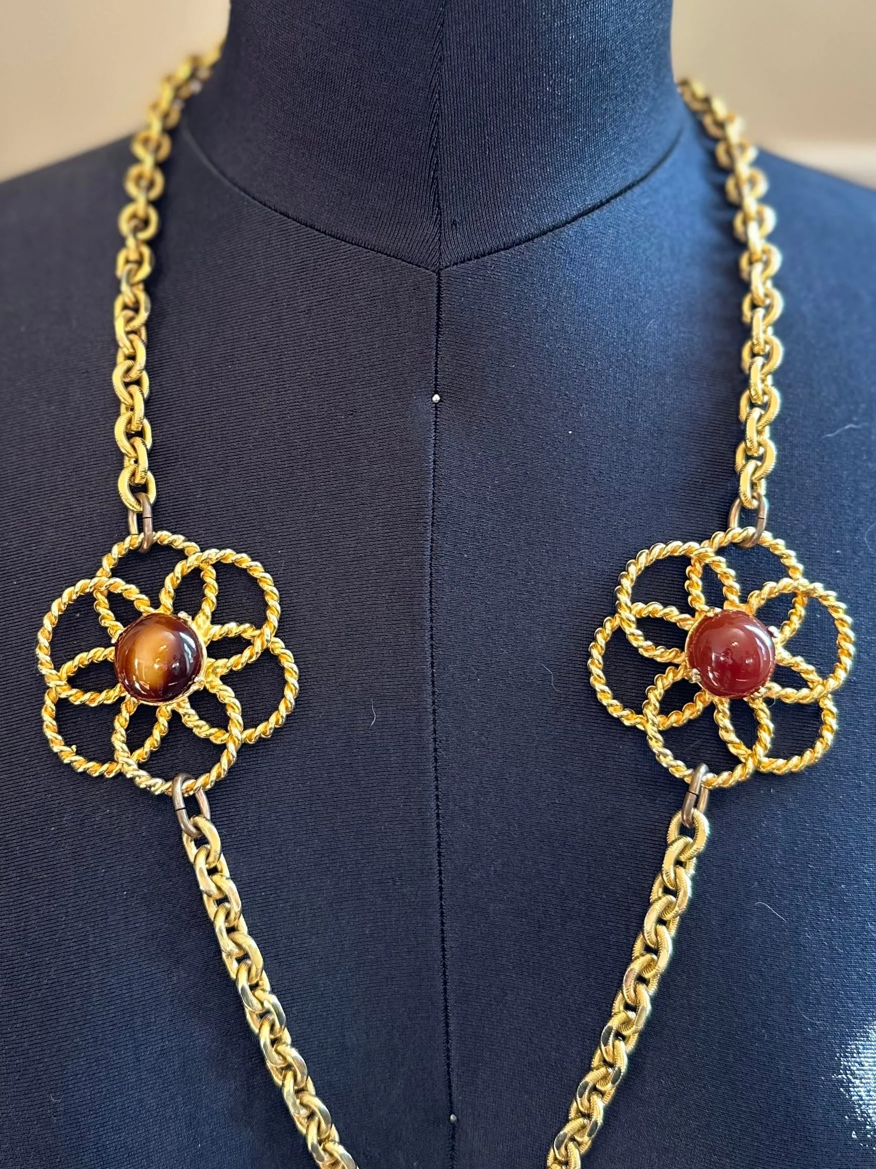 Vintage 1970s YSL Yves Saint Laurent Couture Large Peking Glass & Brown Flower Statement Necklace or Belt Toggle Closure 30” Signed