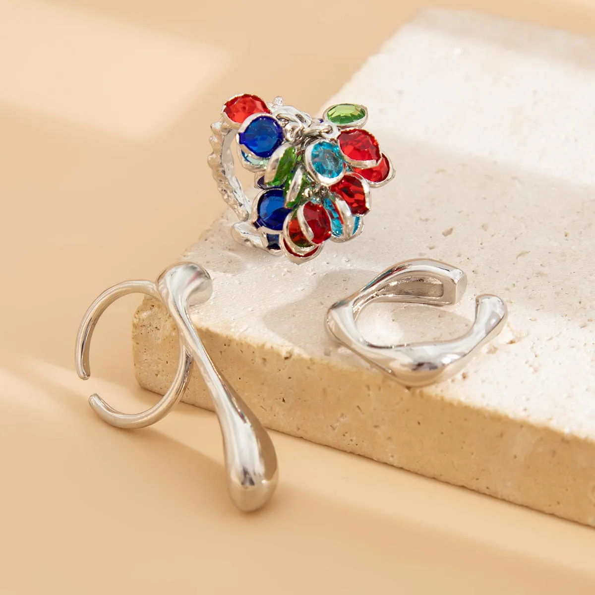 Vintage 3pcs Crystal Tassel Waterdrop Ring Set