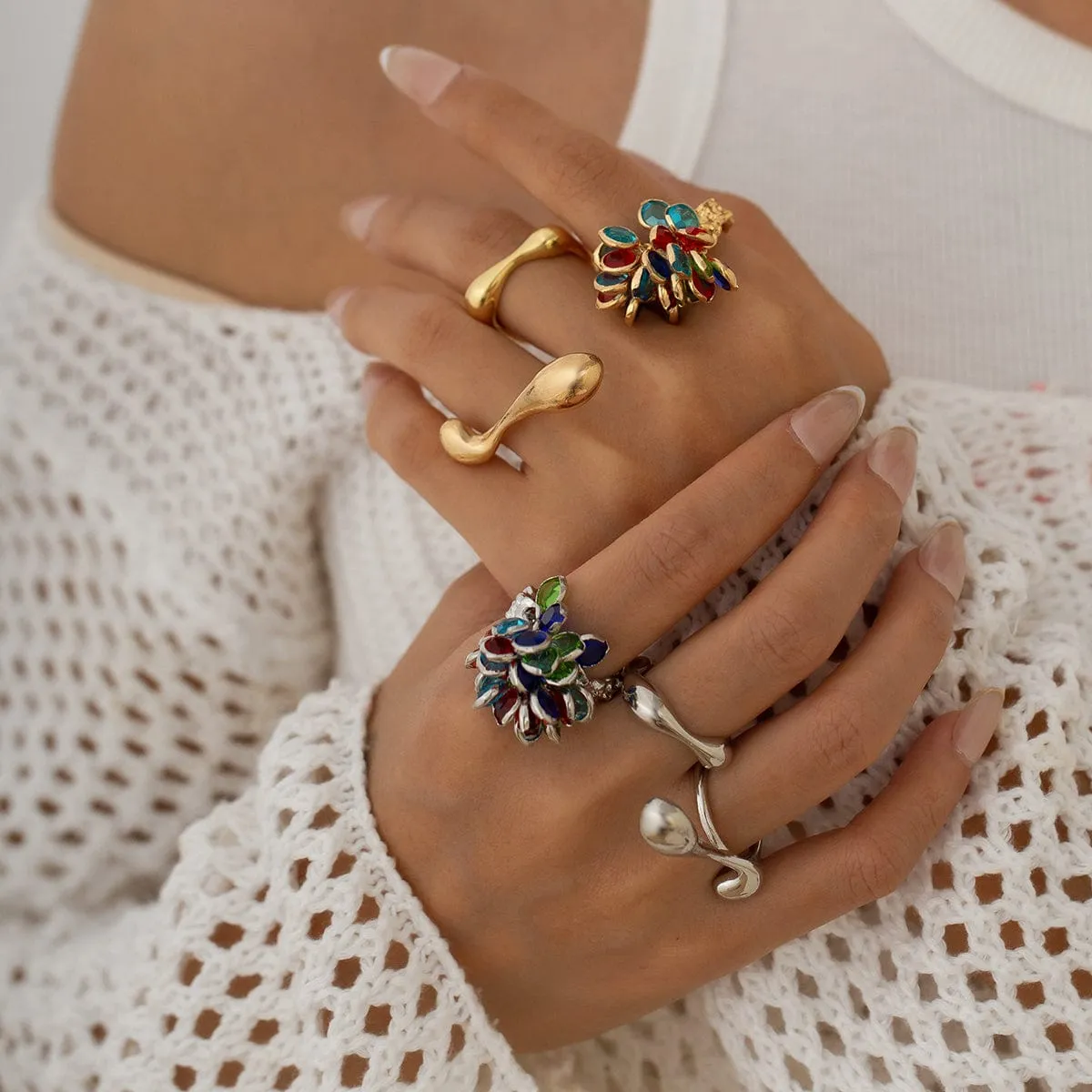 Vintage 3pcs Crystal Tassel Waterdrop Ring Set