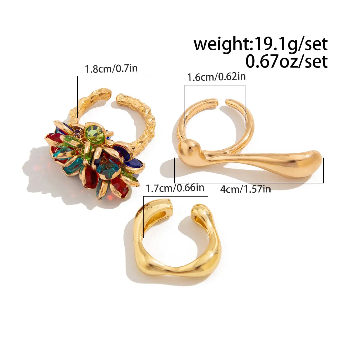 Vintage 3pcs Crystal Tassel Waterdrop Ring Set