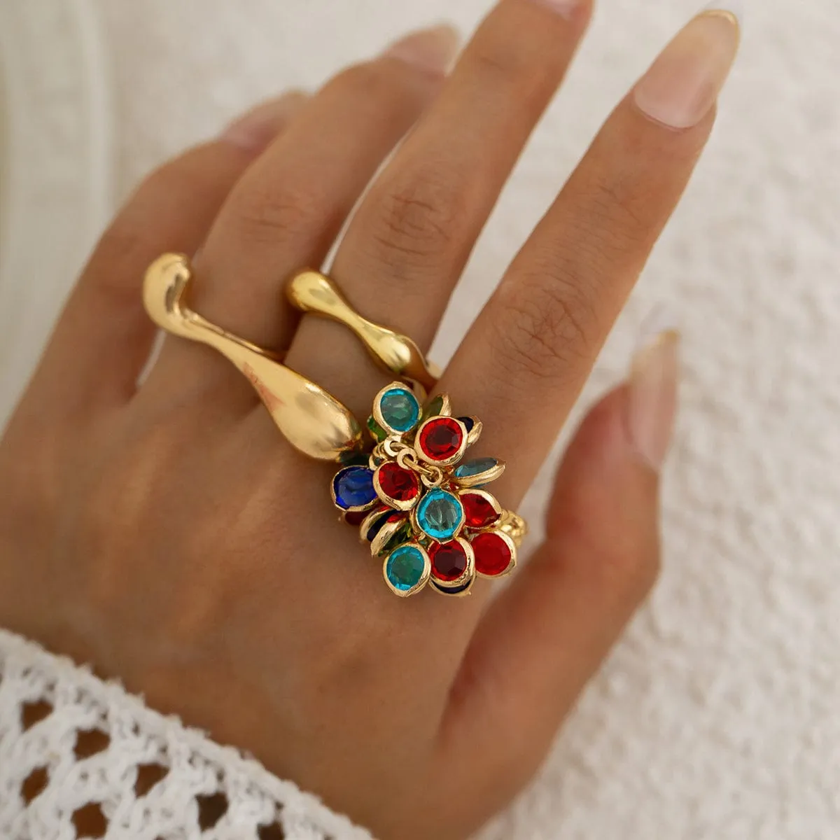 Vintage 3pcs Crystal Tassel Waterdrop Ring Set