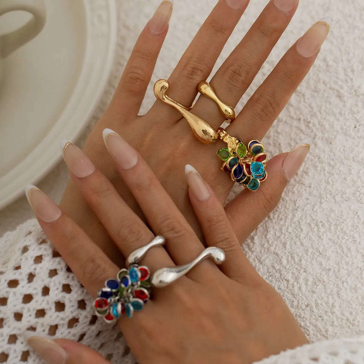 Vintage 3pcs Crystal Tassel Waterdrop Ring Set