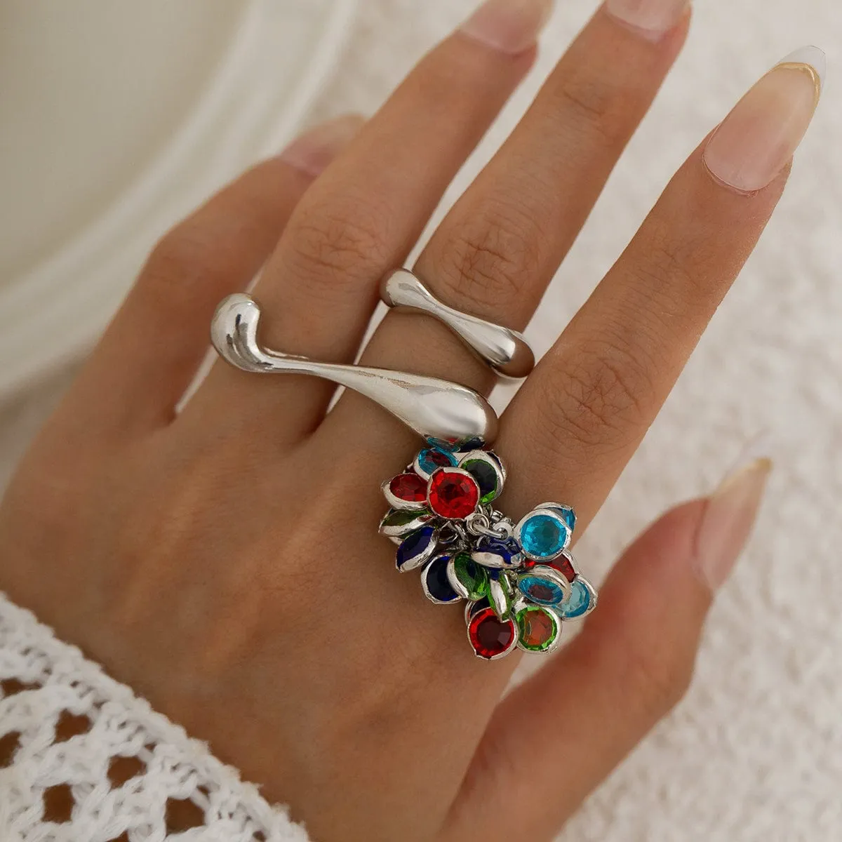 Vintage 3pcs Crystal Tassel Waterdrop Ring Set