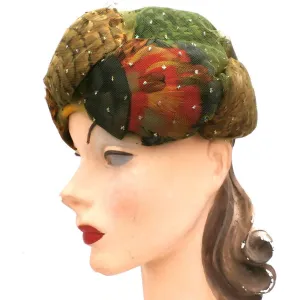 Vintage Christian Dior Colorful Feather Fantasy Hat 1950s Med