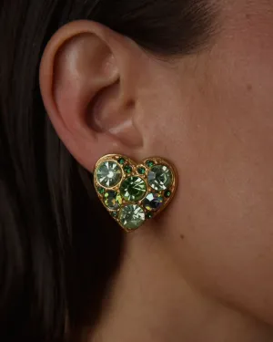 Vintage Crystal Gold Heart Clip Ons (Light Green)