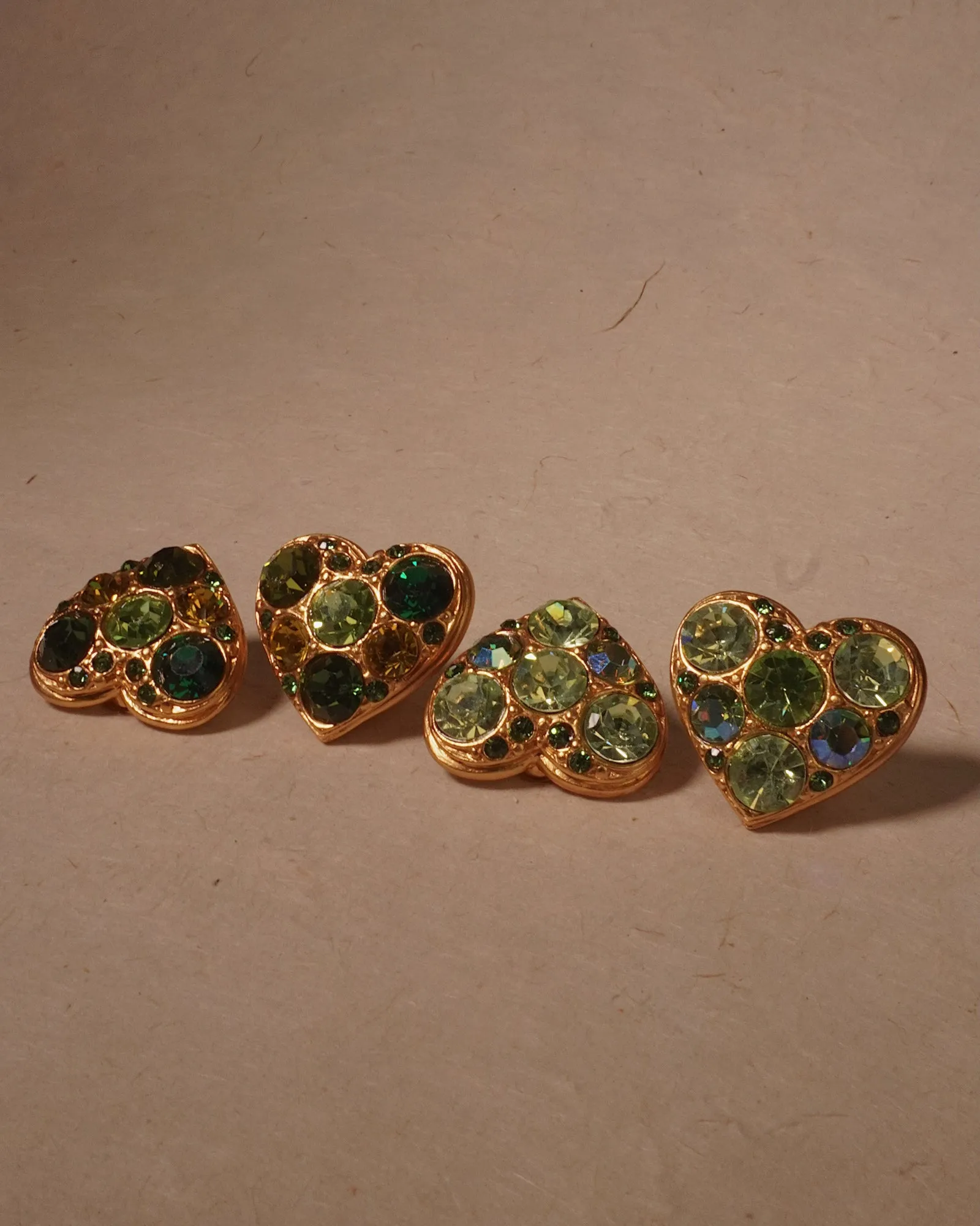 Vintage Crystal Gold Heart Clip Ons (Light Green)