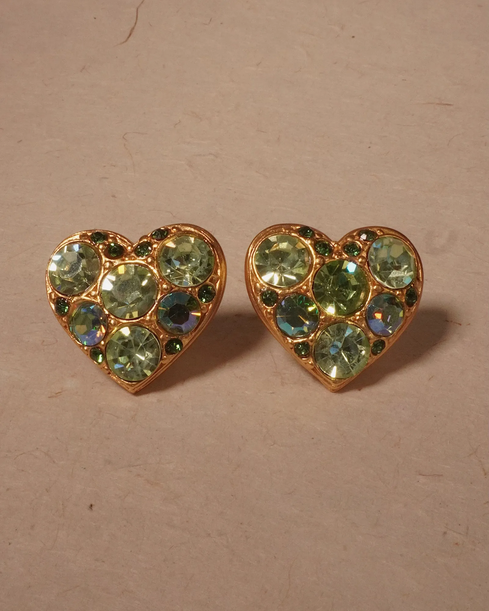 Vintage Crystal Gold Heart Clip Ons (Light Green)