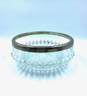 Vintage Diamond Point Clear 8" Bowl W/ Silverplate Rim By Indiana Glass