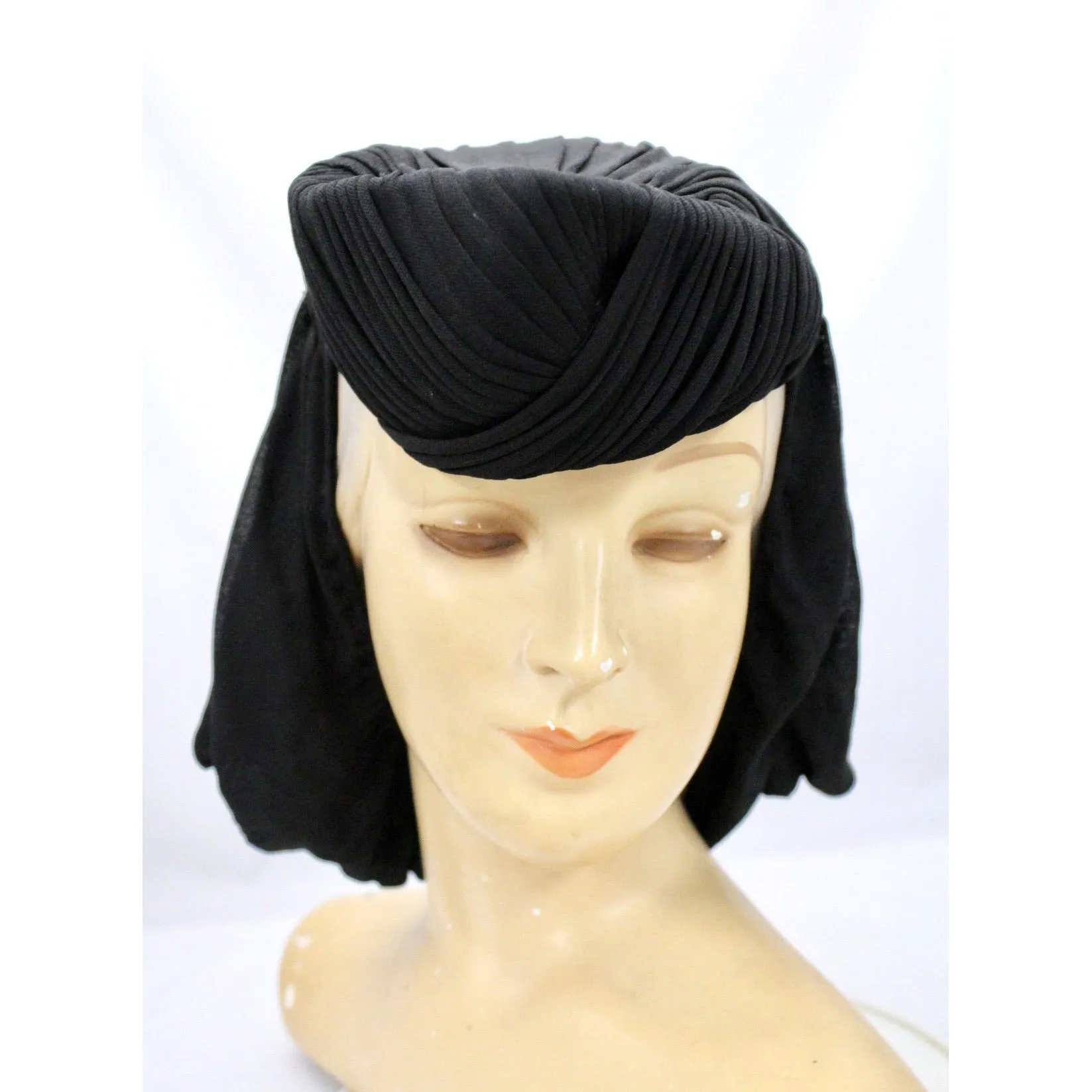 Vintage Hat Womens Snood Fascinator WW2 1940s John Wanamaker Black Silk Jersey