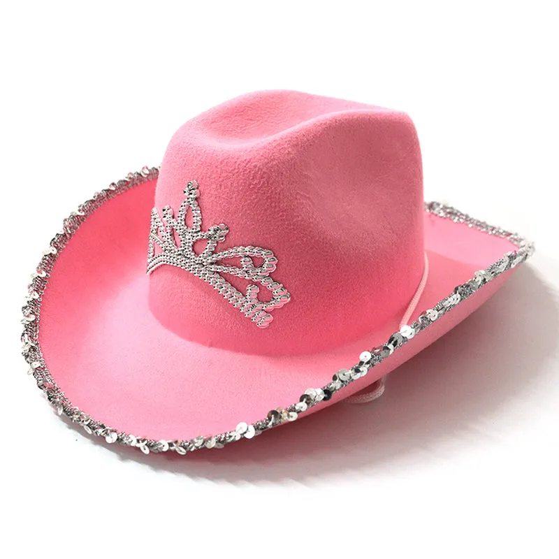 Warped Wide Brim with Sequin Decoration Crown Tiara Cowgirl Hat