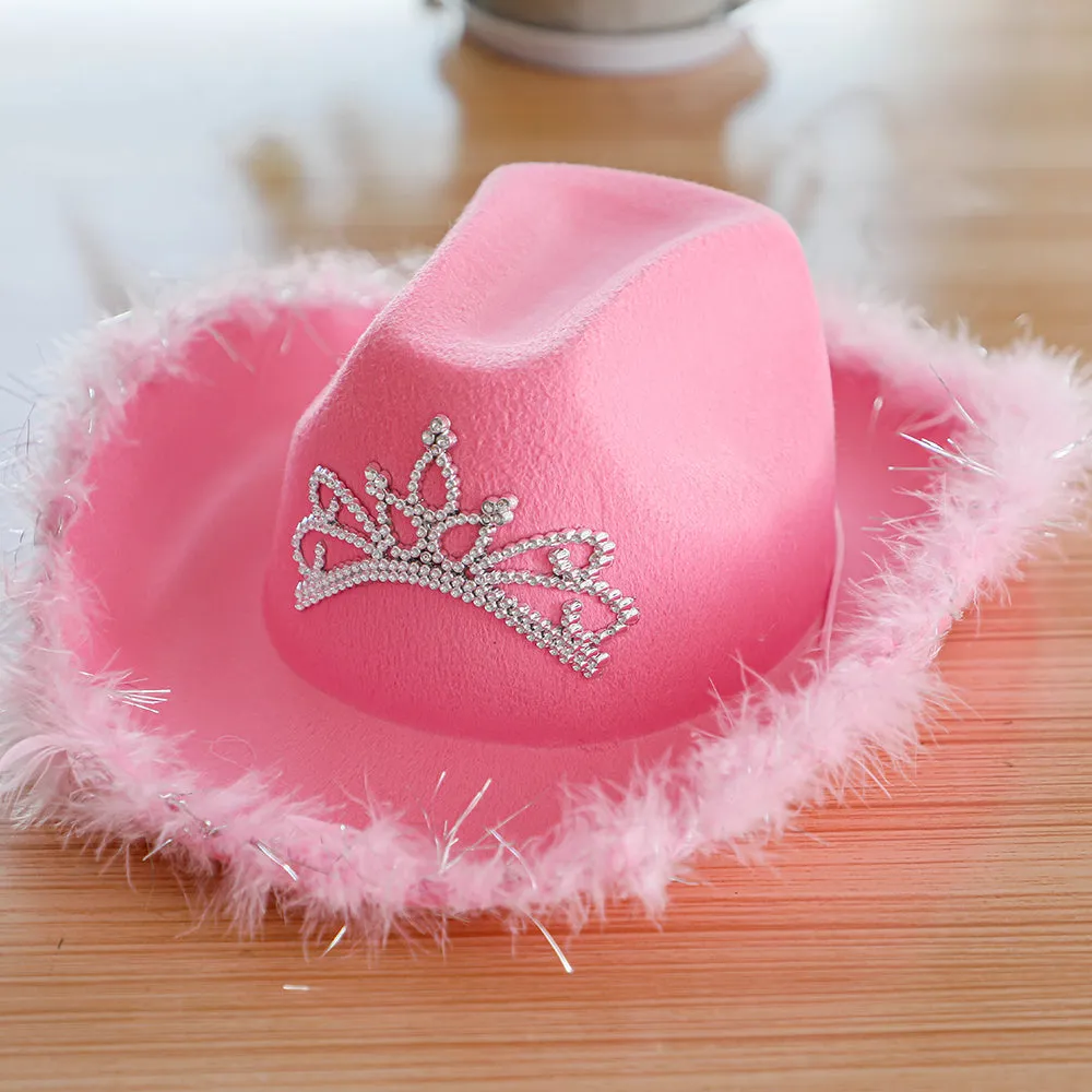 Warped Wide Brim with Sequin Decoration Crown Tiara Cowgirl Hat