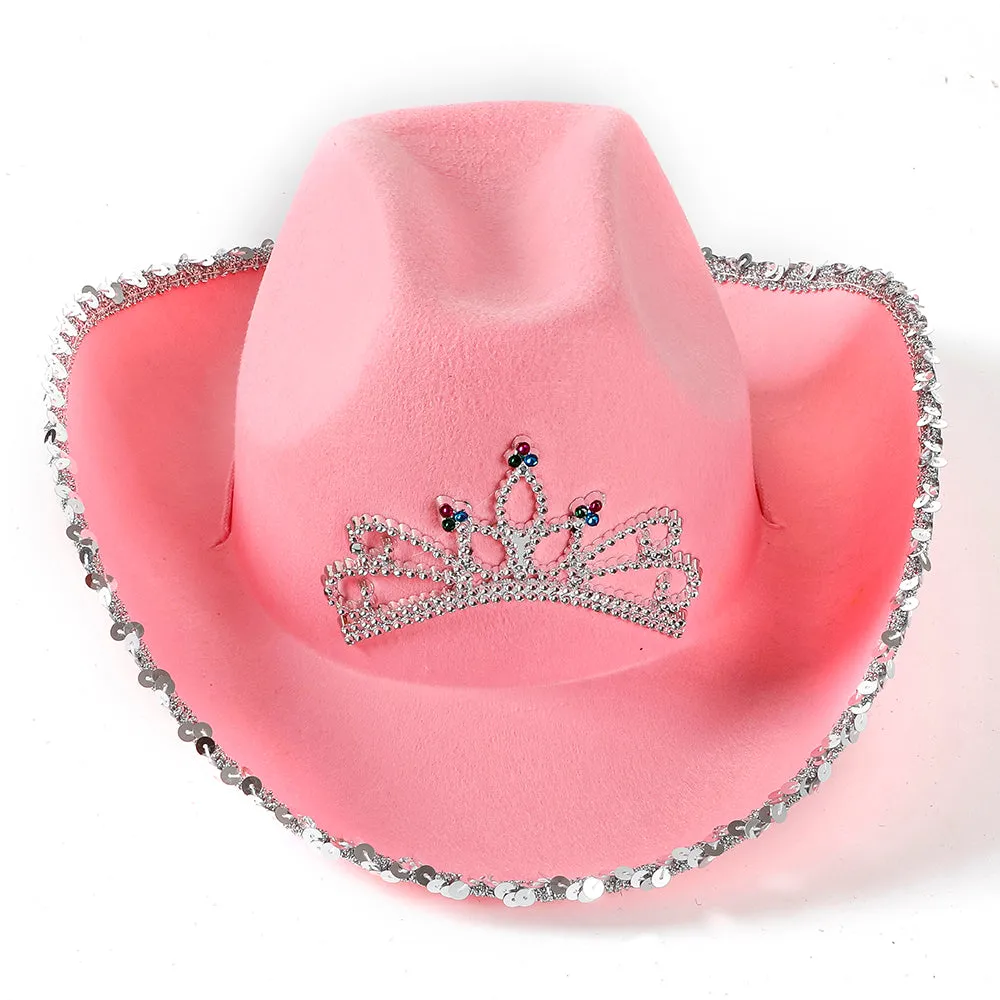 Warped Wide Brim with Sequin Decoration Crown Tiara Cowgirl Hat