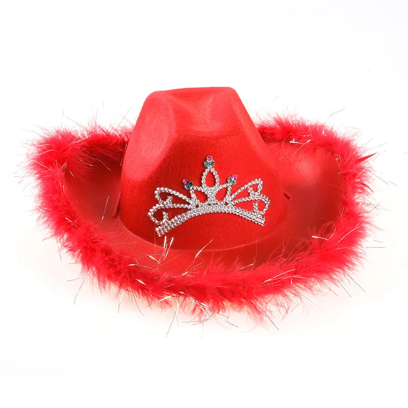 Warped Wide Brim with Sequin Decoration Crown Tiara Cowgirl Hat