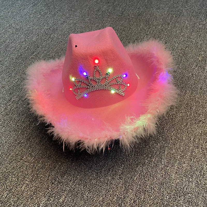 Warped Wide Brim with Sequin Decoration Crown Tiara Cowgirl Hat