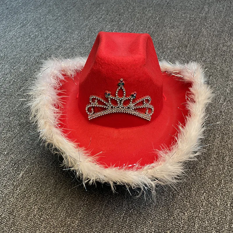 Warped Wide Brim with Sequin Decoration Crown Tiara Cowgirl Hat