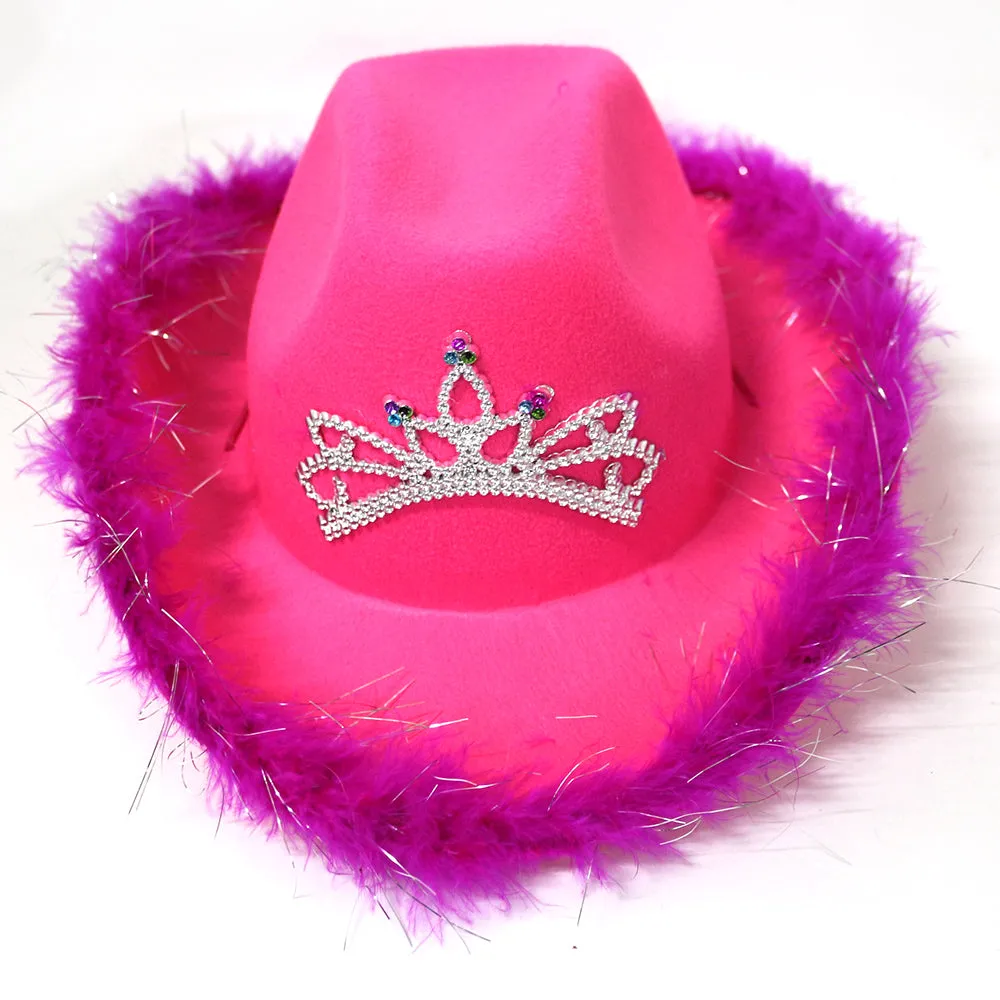 Warped Wide Brim with Sequin Decoration Crown Tiara Cowgirl Hat