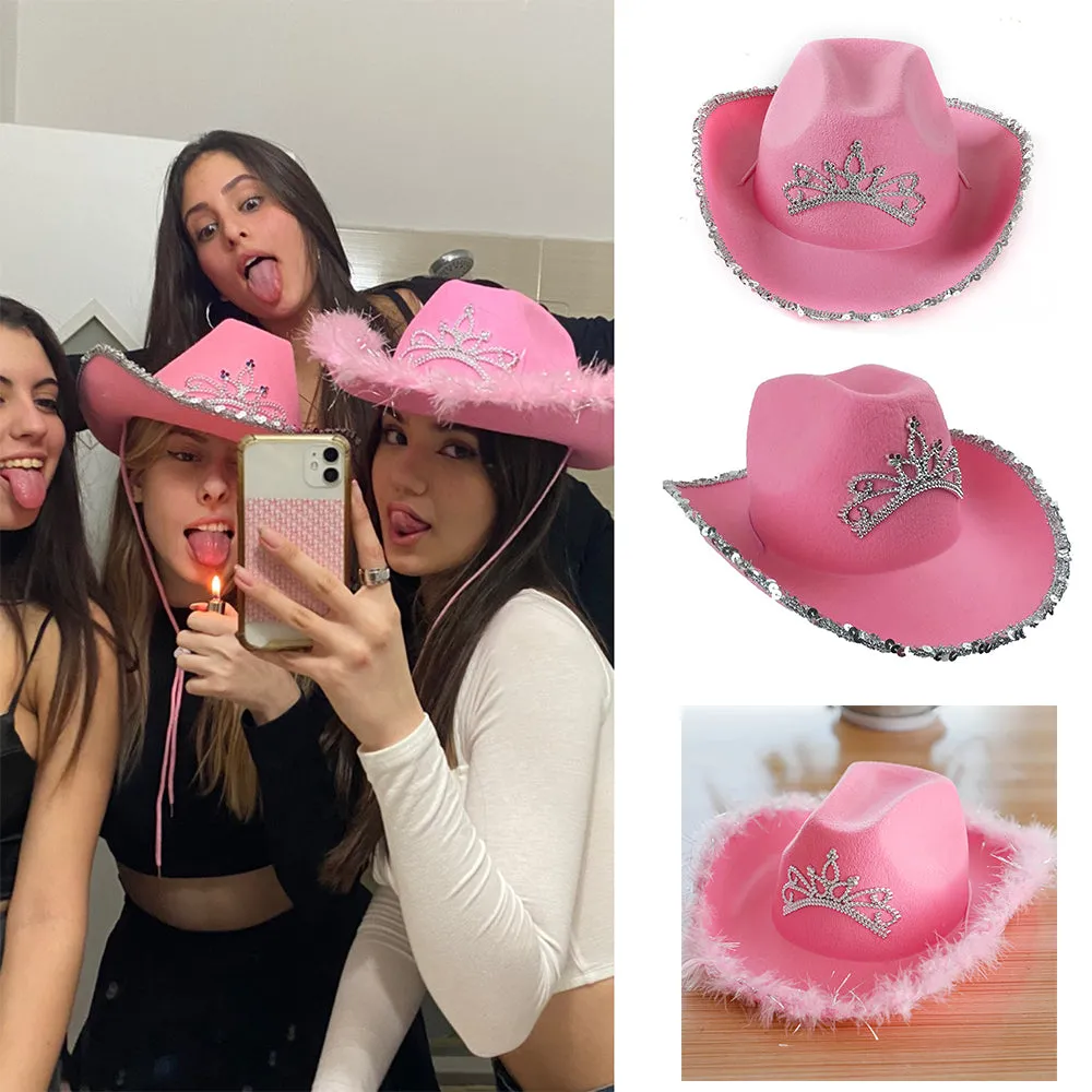 Warped Wide Brim with Sequin Decoration Crown Tiara Cowgirl Hat