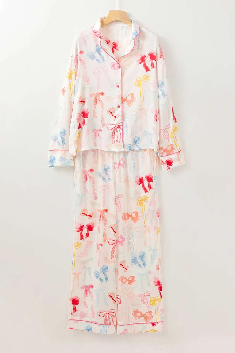 White Bow Print Lapel Collar Wide Leg Satin Pajama Set
