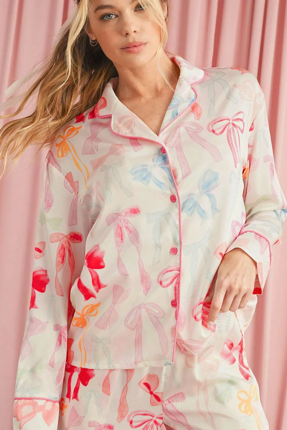 White Bow Print Lapel Collar Wide Leg Satin Pajama Set