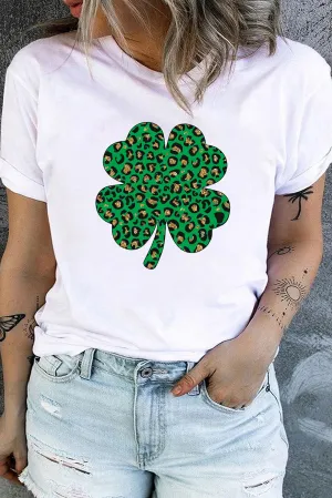 White Casual Leopard Clover Graphic Plus Size T Shirt