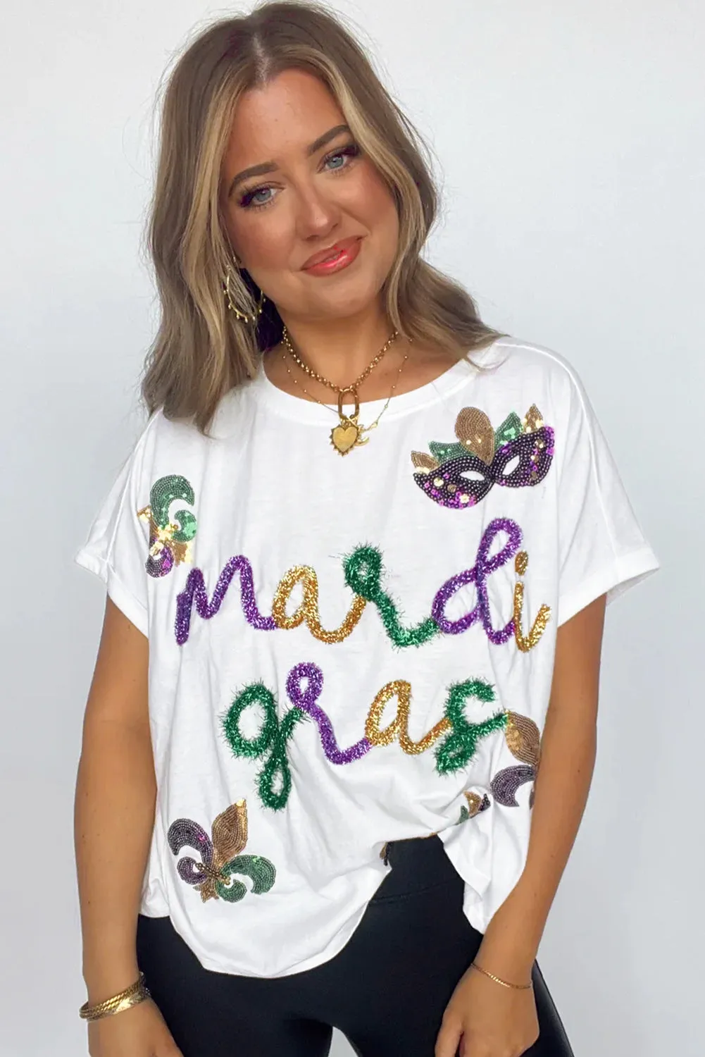 White Mardi Gras Tinsel Sequin Graphic T Shirt