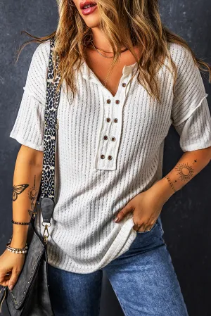 White Textured Hollow Grommet Placket Split Neck Short Sleeve Top