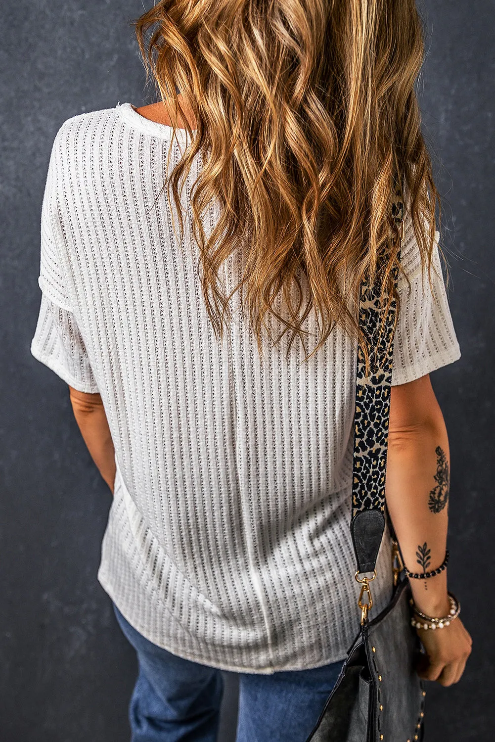 White Textured Hollow Grommet Placket Split Neck Short Sleeve Top