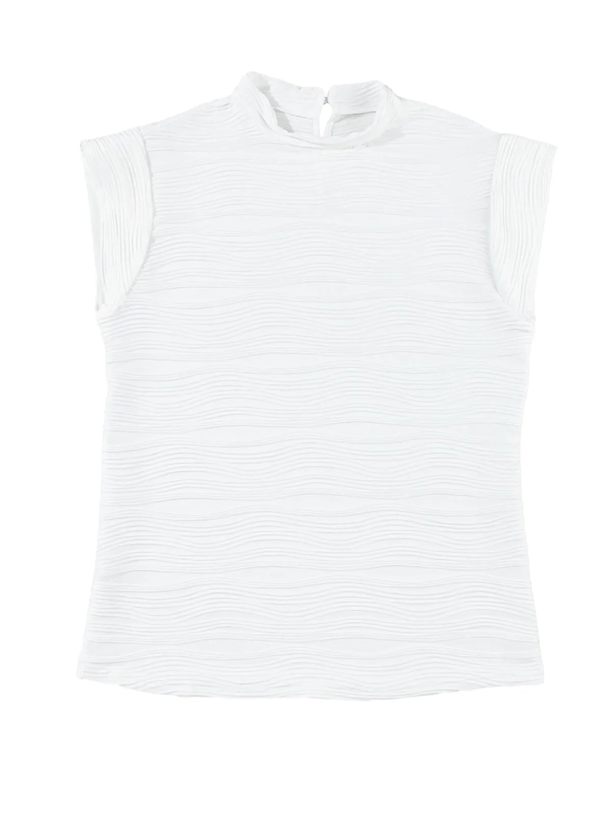 White Wavy Textured Mock Neck Cap Sleeve Top