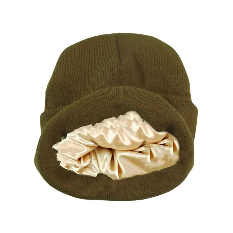 Winter Silk Satin Lined Solid Knitted Beanie Hats