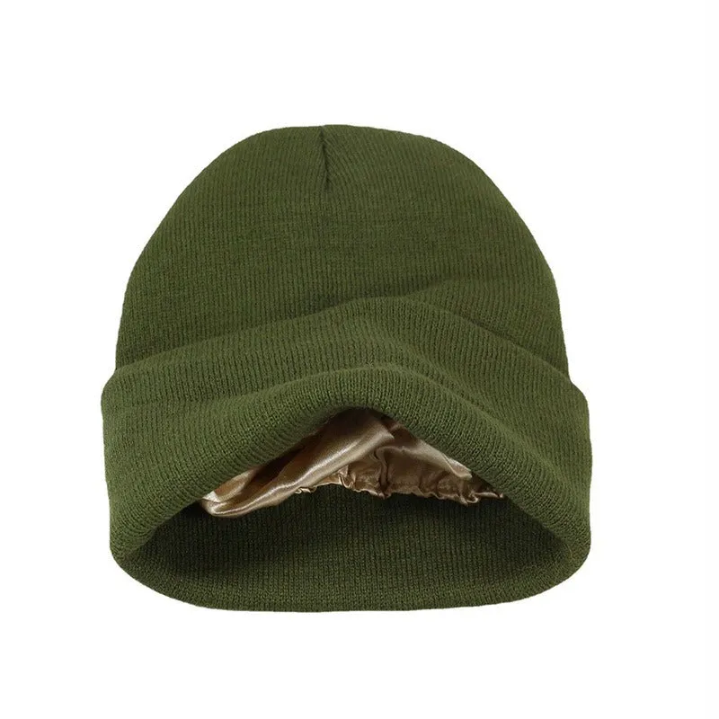 Winter Silk Satin Lined Solid Knitted Beanie Hats