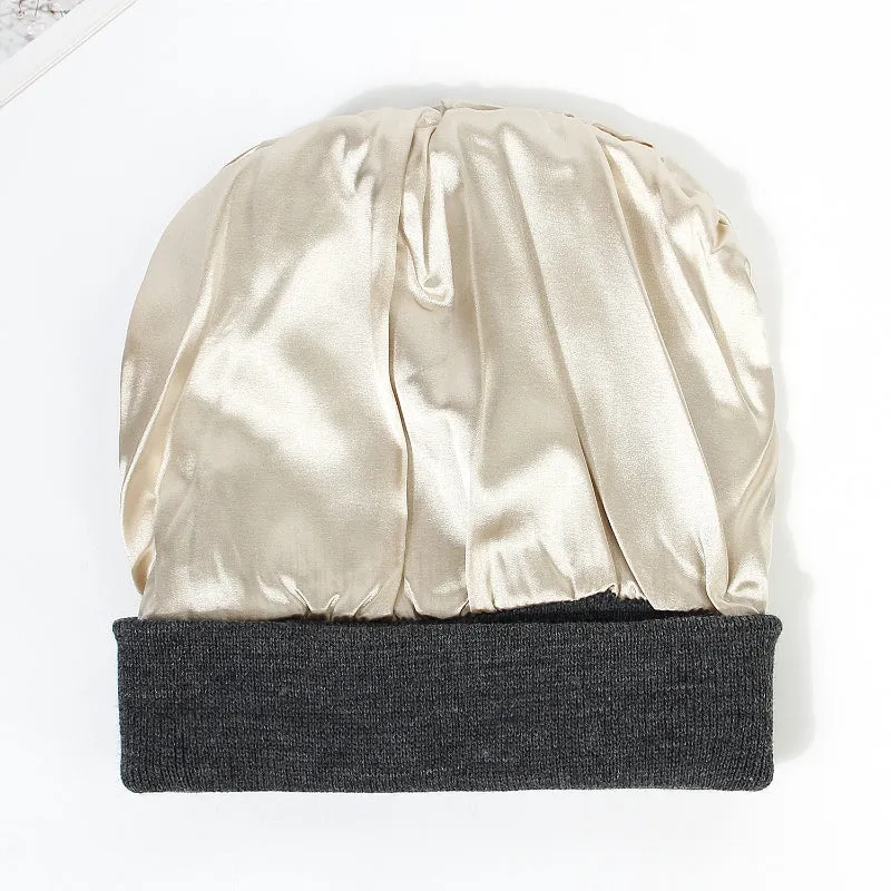 Winter Silk Satin Lined Solid Knitted Beanie Hats