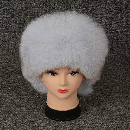 Winter Women Real Fox Fur Trapper Hat Russian Caps with Pompom Natural White