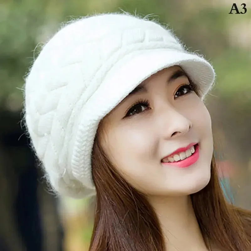 Women's Hats Winter Warm Knitted Hat Rabbit Hair Double Layer Plus Velvet Cap Visor Beanies For Women Casual